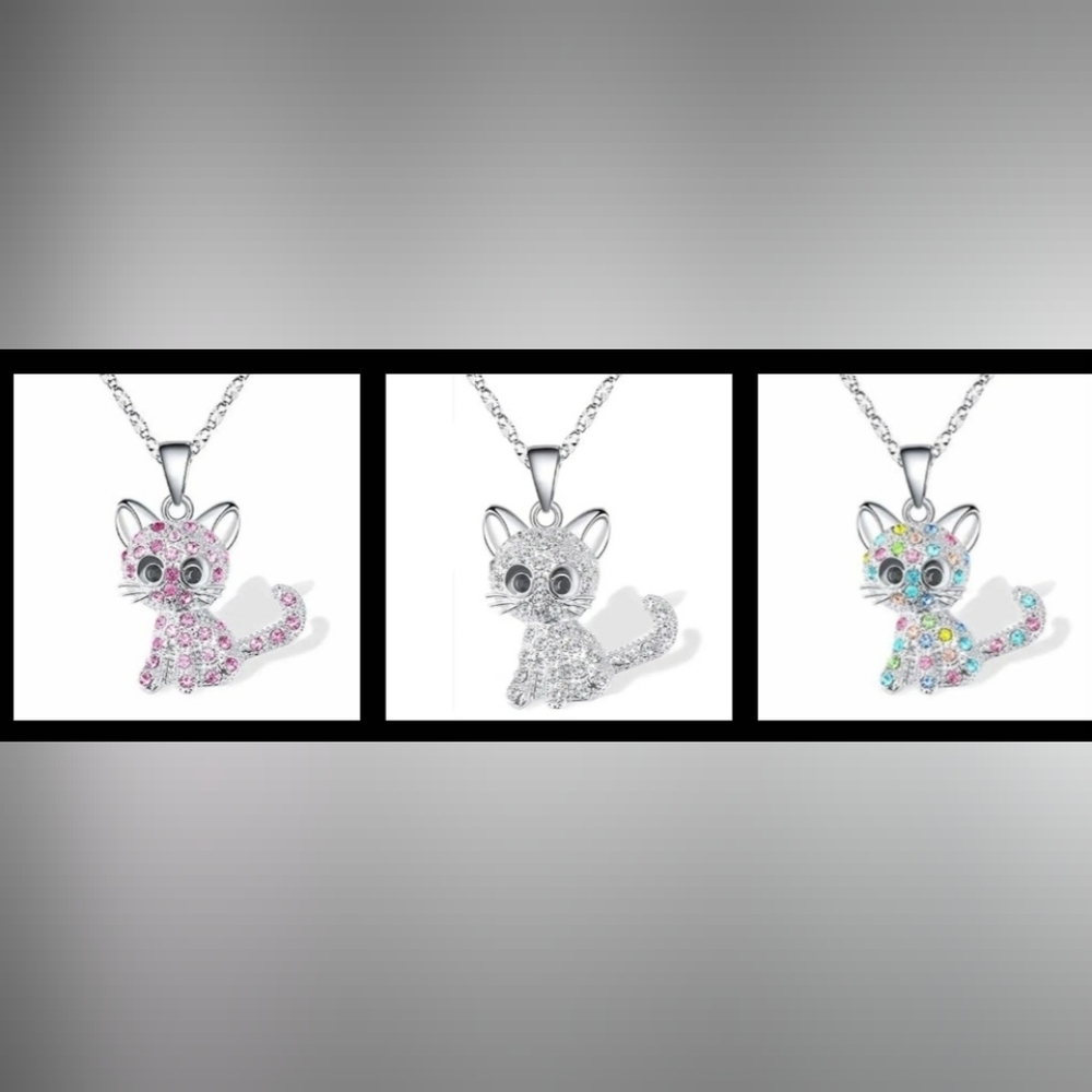 Cat Rhinestone Pendant Necklace 1.18" x 0.35" Silver Tone